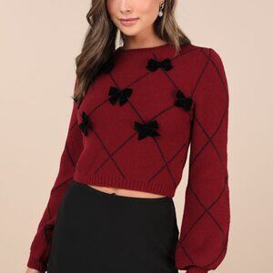Lulus Holiday Darling Burgundy Argyle Balloon Sleeve Bow Sweater Red - Size M